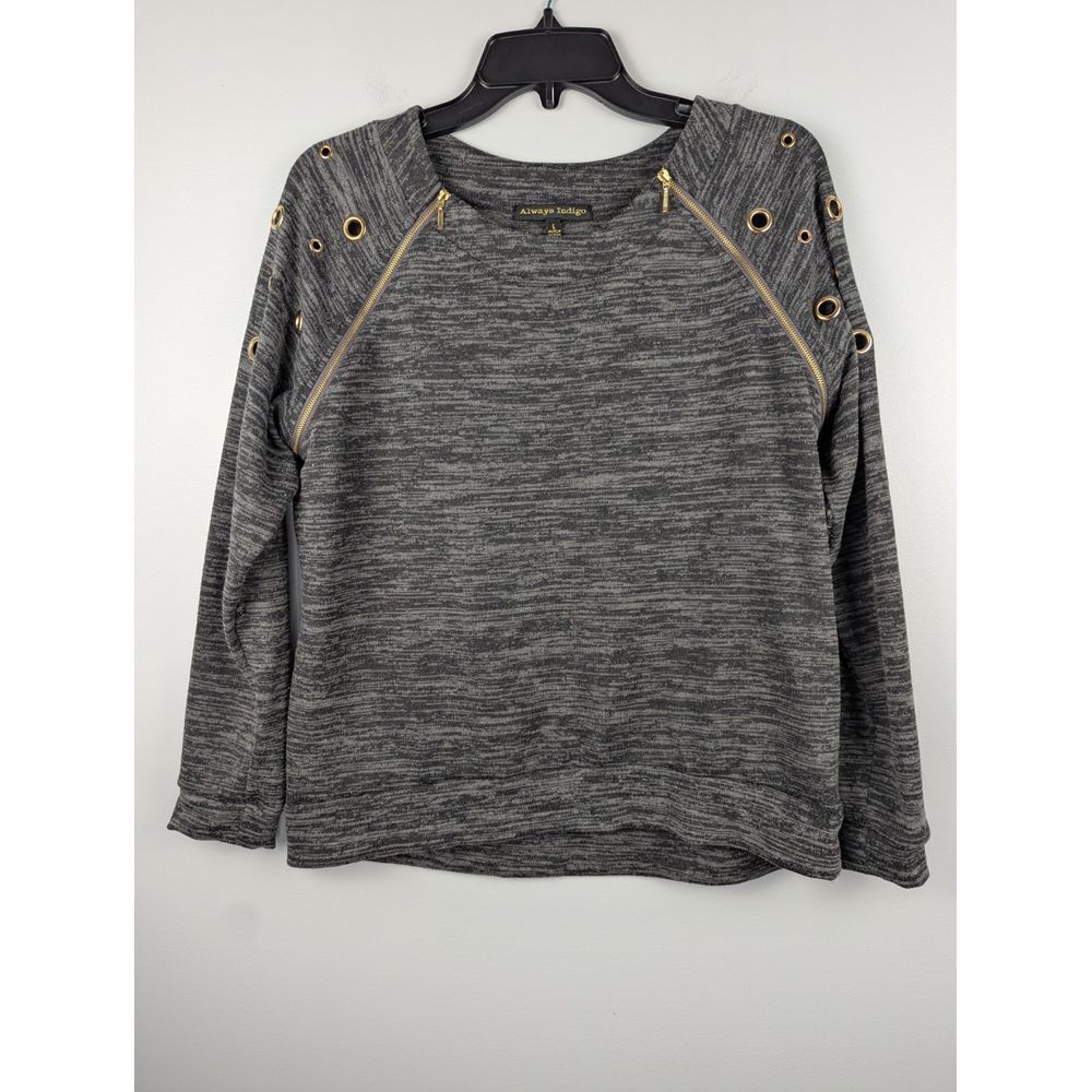 Always Indigo Women's Pullover Sweater‎ Dark Grey L Zipper Eyelet Grommets Top